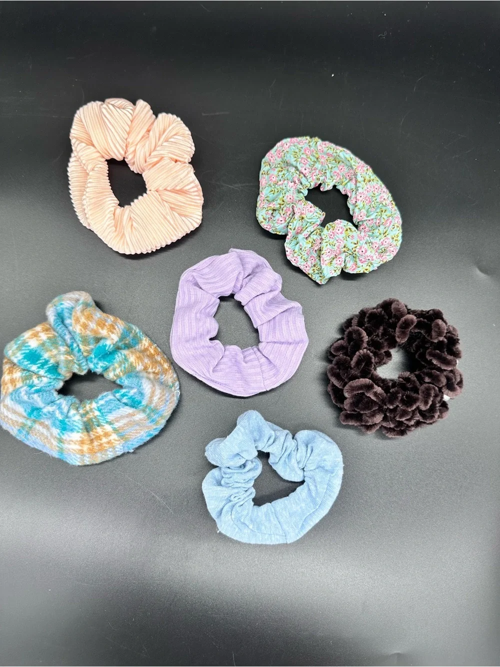 6 Pc Hair Scrunchies Set Pastel Ribbed Knit Plaid Floral Velvet Plaid Hair Ties
